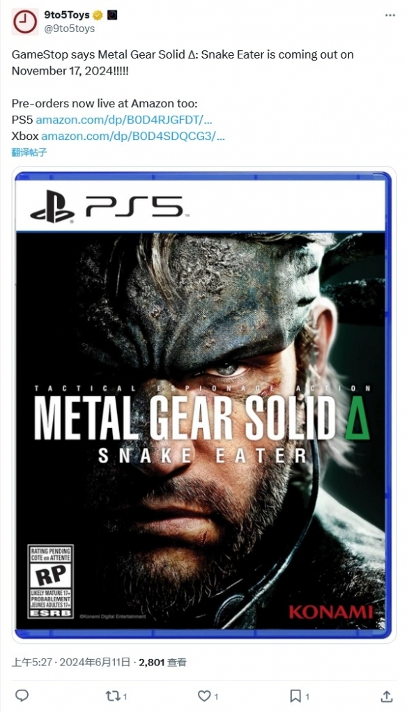 GameStop预告《合金装备 Δ:食蛇者》11月17日发行 GameStop预告《合金装备 Δ:食蛇者》11月17日发行